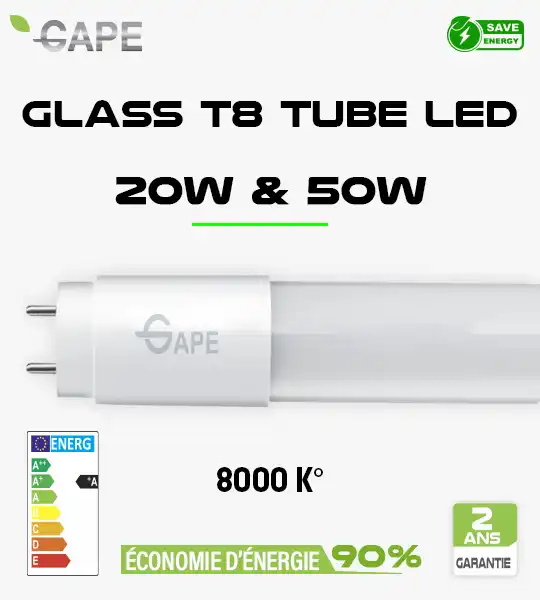 Glass T8 Tube LED en Verre 8000k – Éclairage Intense, Économie d’Énergie, Longue Durée de Vie