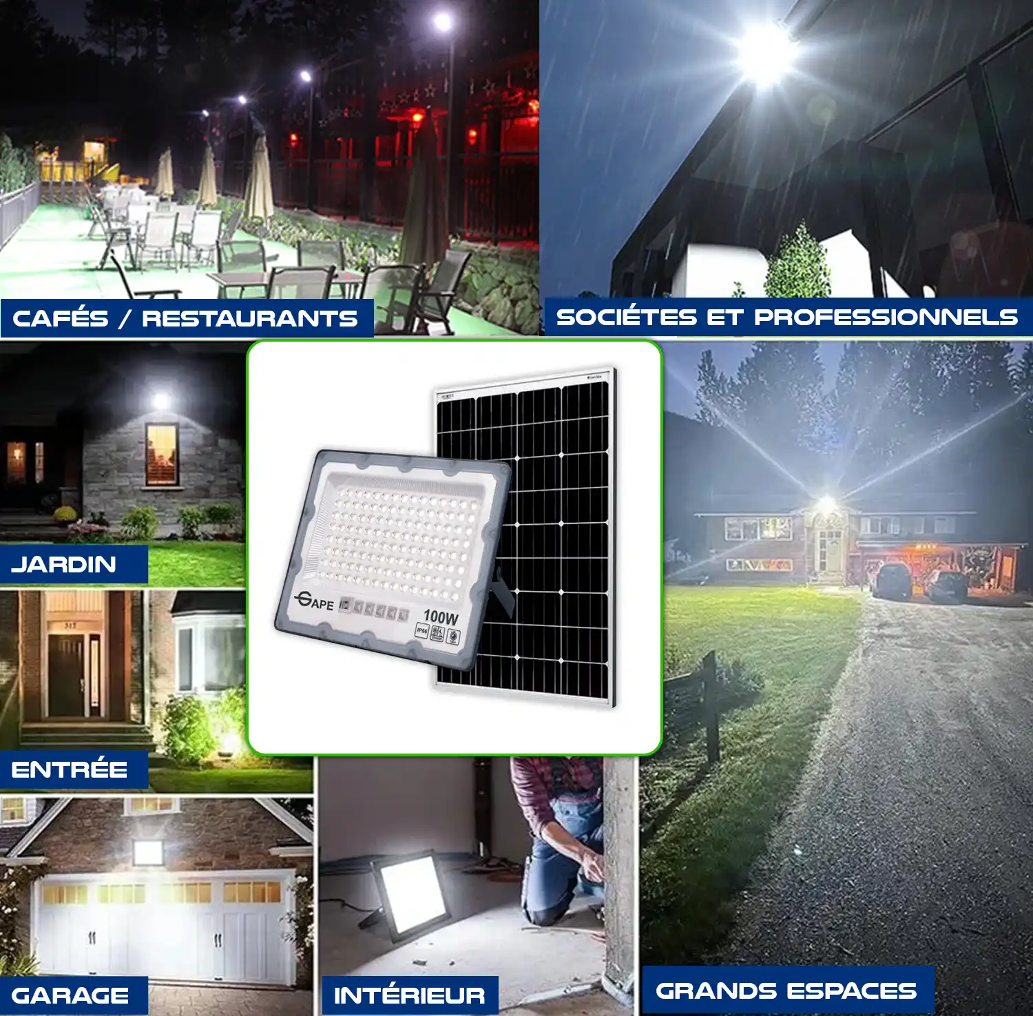 Projecteur LED Solaire Étanche IP66 – Haute Luminosité 10000K – Avec Télécommande, Batterie Longue Durée & Panneau Solaire – Éclairage Extérieur sans Fil pour Jardin, Garage, Atelier, Route