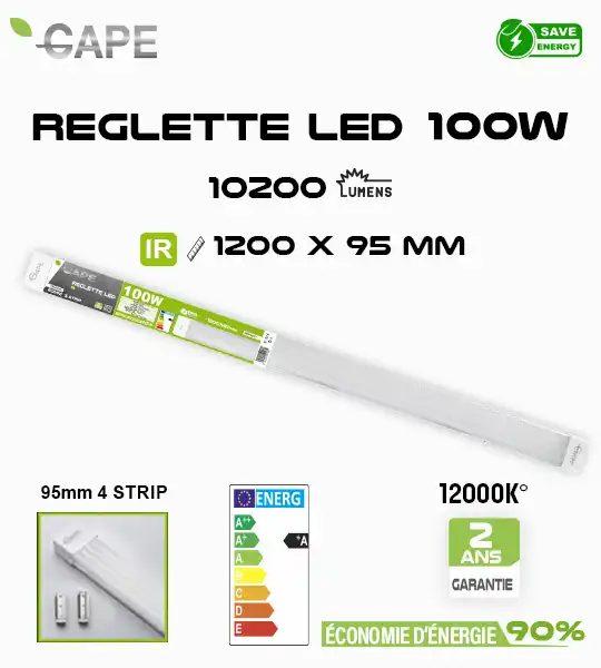 Réglette LED GAPE 100W IR 1200x95 mm – 12000K Blanc Froid – 10200 Lumens – IP20 – Classe A – Éclairage Atelier, Garage, Cave, Entrepôt – Faible Consommation Énergétique 90% Réglette LED GAPE 100W IR 1200x95 mm – 12000K Blanc Froid – 10200 Lumens – IP20 – Classe A – Éclairage Atelier, Garage, Cave, Entrepôt – Faible Consommation Énergétique 90%