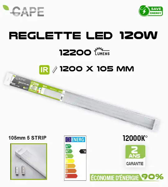 Réglette LED GAPE 120W IR 1200x105 mm – 12000K Blanc Froid – 12200 Lumens – IP20 – Classe A – Éclairage Atelier, Garage, Cave, Entrepôt – Faible Consommation Énergétique 90% Réglette LED GAPE 120W IR 1200x105 mm – 12000K Blanc Froid – 12200 Lumens – IP20 – Classe A – Éclairage Atelier, Garage, Cave, Entrepôt – Faible Consommation Énergétique 90%