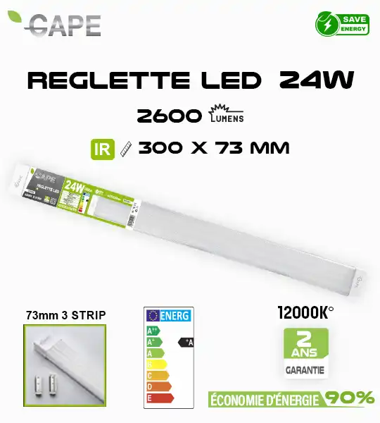 Réglette LED GAPE 24W - IR - 30 cm x 73mm – 3 LED Strips – 12000K Blanc Froid – 2600 Lumens – IP20 – Classe A – Éclairage Atelier, Garage, Cave, Entrepôt – Faible Consommation Énergétique 90% Réglette LED GAPE 24W - IR - 30 cm x 73mm – 3 LED Strips – 12000K Blanc Froid – 2600 Lumens – IP20 – Classe A – Éclairage Atelier, Garage, Cave, Entrepôt – Faible Consommation Énergétique 90%