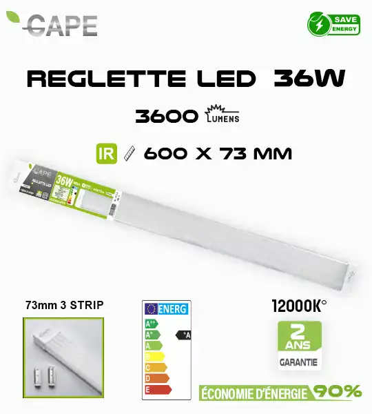 Réglette LED GAPE 36W - 60 cm x 73mm – 3 LED Strips – 12000K Blanc Froid – 2600 Lumens – IP20 – Classe A – Éclairage Atelier, Garage, Cave, Entrepôt – Faible Consommation Énergétique 90% - 1 Réglette LED GAPE 36W - 60 cm x 73mm – 3 LED Strips – 12000K Blanc Froid – 2600 Lumens – IP20 – Classe A – Éclairage Atelier, Garage, Cave, Entrepôt – Faible Consommation Énergétique 90% - 1