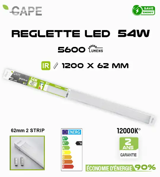 Réglette LED GAPE 54W – IR -120cm x 62mm - 12000K Blanc Froid – 5600 Lumens – IP20 – Classe A – Éclairage Atelier, Garage, Cave, Entrepôt – Faible Consommation Énergétique 90% Réglette LED GAPE 54W – IR -120cm x 62mm - 12000K Blanc Froid – 5600 Lumens – IP20 – Classe A – Éclairage Atelier, Garage, Cave, Entrepôt – Faible Consommation Énergétique 90%