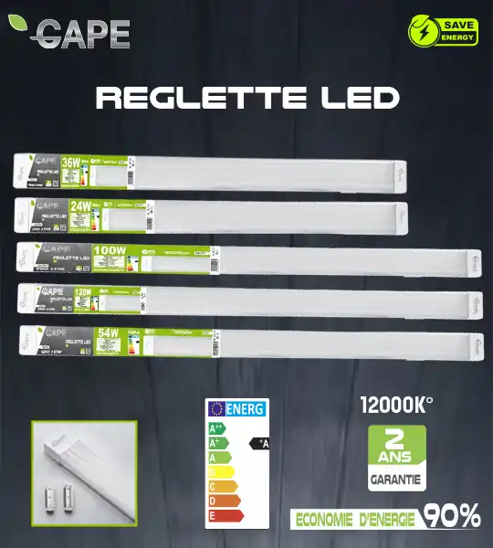 Réglette LED GAPE – 12000K Blanc Froid – Lumens – IP20 – Classe A – Éclairage Atelier, Garage, Cave, Entrepôt – Faible Consommation Énergétique 90%